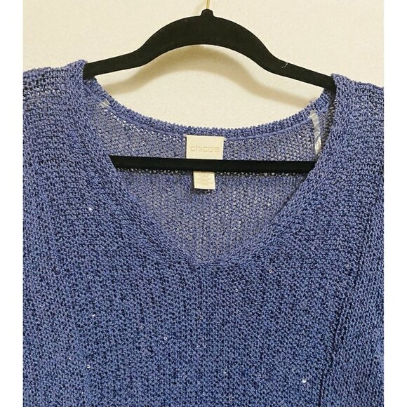 Chicos 2 Womens Large Pullover Sweater Sequin Accents Scoop Neck Blue Boho - Picture 2 of 7